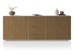 Aparador Coste con 4 puertas y 3 cajones en blanco mate y madera clara 220,1x43x86 cm