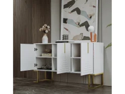 Aparador de 3 puertas con estantes regulables, puertas en forma de U y tiradores metálicos, MDF, blanco (138x40x80,5 cm)