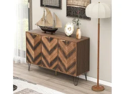 Aparador de 3 puertas, diseño elegante, puertas de madera y detalles dorados, MDF, natural y negro (120x38x76,5 cm)