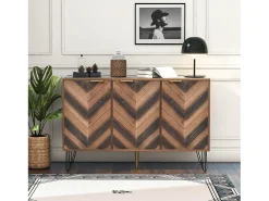 Aparador de 3 puertas, diseño elegante, puertas de madera y detalles dorados, MDF, natural y negro (120x38x76,5 cm)