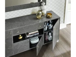 Aparador de 4 puertas y 1 cajón en madera gris efecto mármol barnizado Botela 190 cm