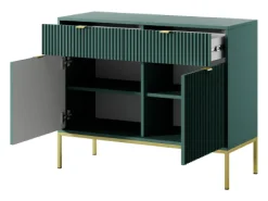 Aparador de 2 puertas y 2 cajones con patas de metal dorado, 104x83 cm