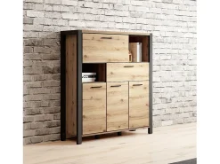 Aparador de 4 puertas y 1 cajón colección TIVORA. Color roble y negro. LED incluidos.