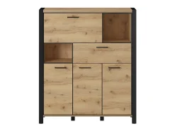 Aparador de 4 puertas y 1 cajón colección TIVORA. Color roble y negro. LED incluidos.