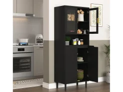 Aparador de almacenamiento con 4 puertas, 2 estantes ajustables, armario alto con vitrina abierta, color negro
