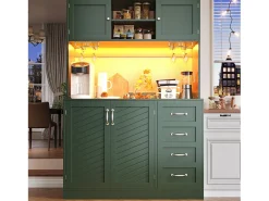 Aparador de cocina - 120 x 40 x 188 cm - con 4 puertas + LED + portavasos + cajones + estante snack - MDF - verde
