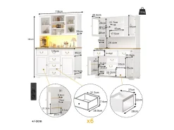 Aparador de cocina - 118 x 40 x 180 cm - con 6 cajones + puertas + LED + estantes de almacenamiento - MDF - blanco
