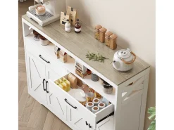 Aparador de cocina blanco, armario de almacenaje, aparador de cocina con 2 cajones y 4 puertas, 140×40×105 cm, blanco
