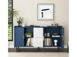 Aparador de cocina con 2 cajones, 2 estantes abiertos y 2 puertas de cristal, aparador de MDF azul (150x40x80 cm)