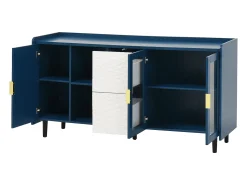 Aparador de cocina con 2 cajones, 2 estantes abiertos y 2 puertas de cristal, aparador de MDF azul (150x40x80 cm)