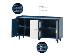 Aparador de cocina con 2 cajones, 2 estantes abiertos y 2 puertas de cristal, aparador de MDF azul (150x40x80 cm)