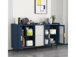 Aparador de cocina con 2 cajones, 2 estantes abiertos y 2 puertas de cristal, aparador de MDF azul (150x40x80 cm)