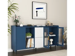 Aparador de cocina con 2 cajones, 2 estantes abiertos y 2 puertas de cristal, aparador de MDF azul (150x40x80 cm)