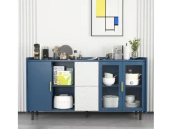 Aparador de cocina con 2 cajones, 2 estantes abiertos y 2 puertas de cristal, aparador de MDF azul (150x40x80 cm)