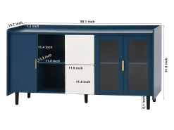 Aparador de cocina con 2 cajones, 2 estantes abiertos y 2 puertas de cristal, aparador de MDF azul (150x40x80 cm)