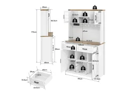Aparador de cocina con 4 puertas, 2 cajones y 4 nichos, LED y USB incluidos, blanco y natural