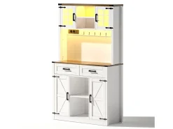 Aparador de cocina con 4 puertas, 2 cajones y 4 nichos, LED y USB incluidos, blanco y natural