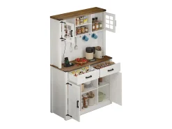 Aparador de cocina con 4 puertas, 2 cajones y 4 nichos, LED y USB incluidos, blanco y natural