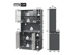 Aparador de cocina con 4 puertas y compartimentos - 100 x 47 x 187 cm - Madera MDF - LEDs y canales para cables - Blanco