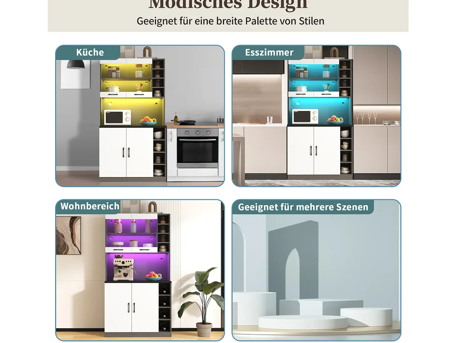 Aparador de cocina con 4 puertas y compartimentos - 100 x 47 x 187 cm - Madera MDF - LEDs y canales para cables - Blanco