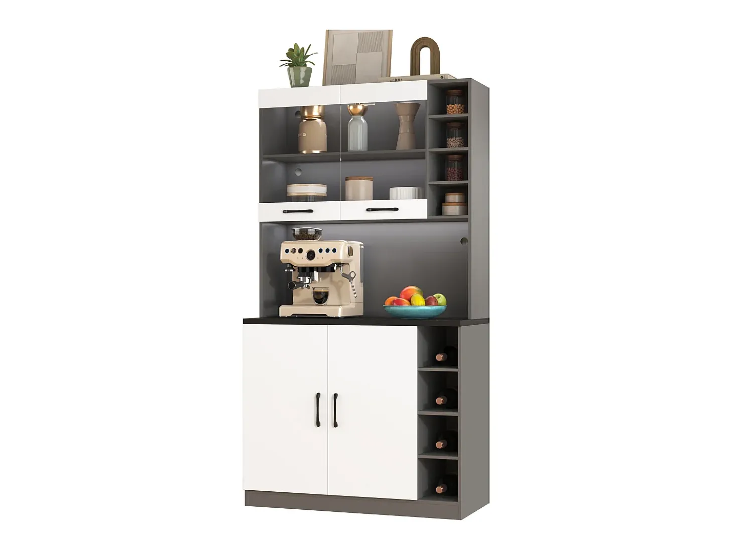 Aparador de cocina con 4 puertas y compartimentos - 100 x 47 x 187 cm - Madera MDF - LEDs y canales para cables - Blanco
