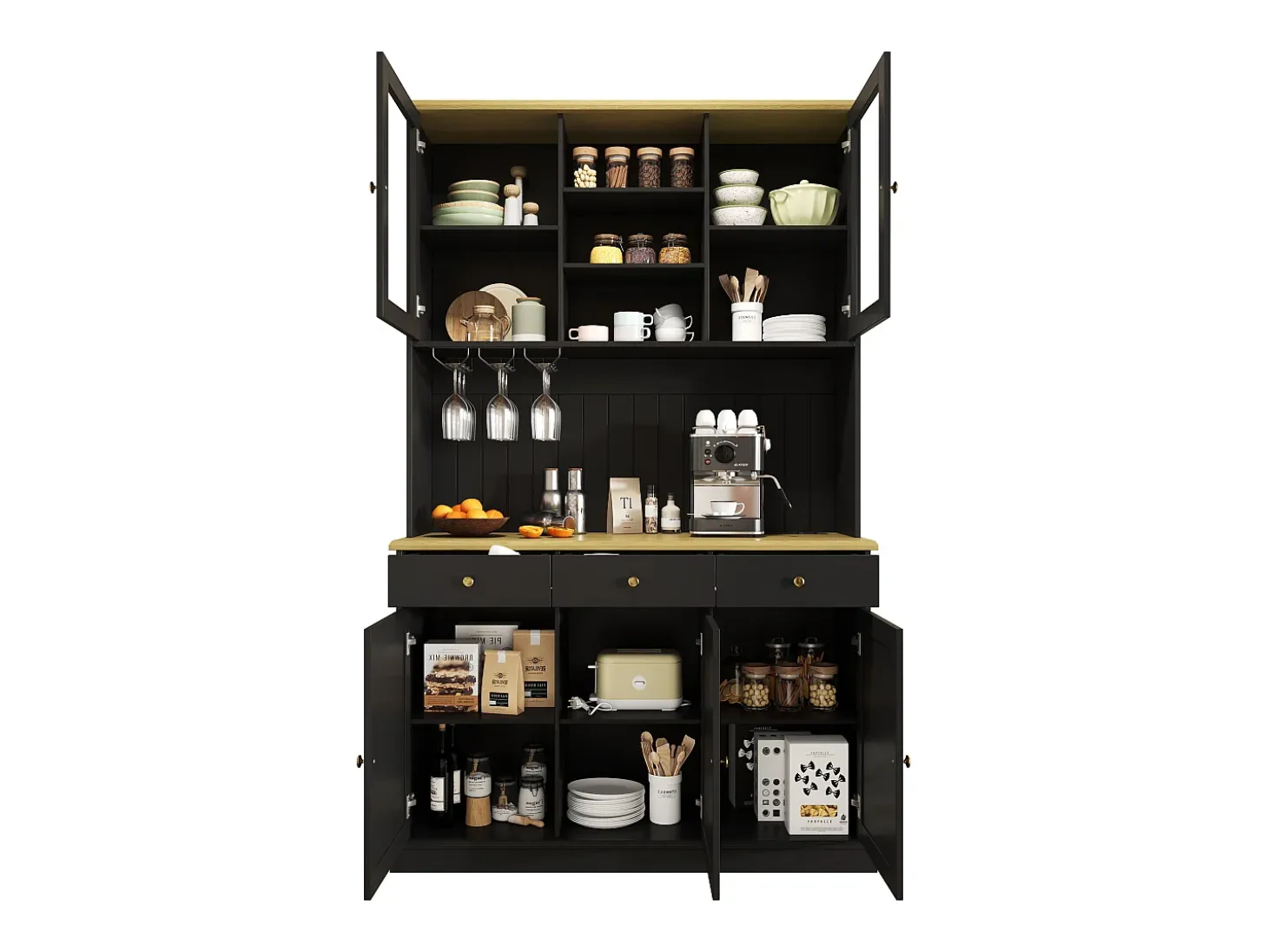 Aparador de cocina con 5 puertas, 3 cajones y estante para vasos, toma de corriente - Negro