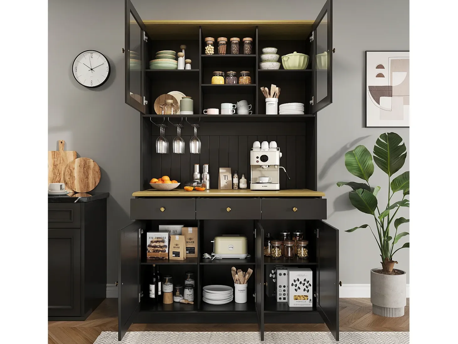 Aparador de cocina con 5 puertas, 3 cajones y estante para vasos, toma de corriente - Negro