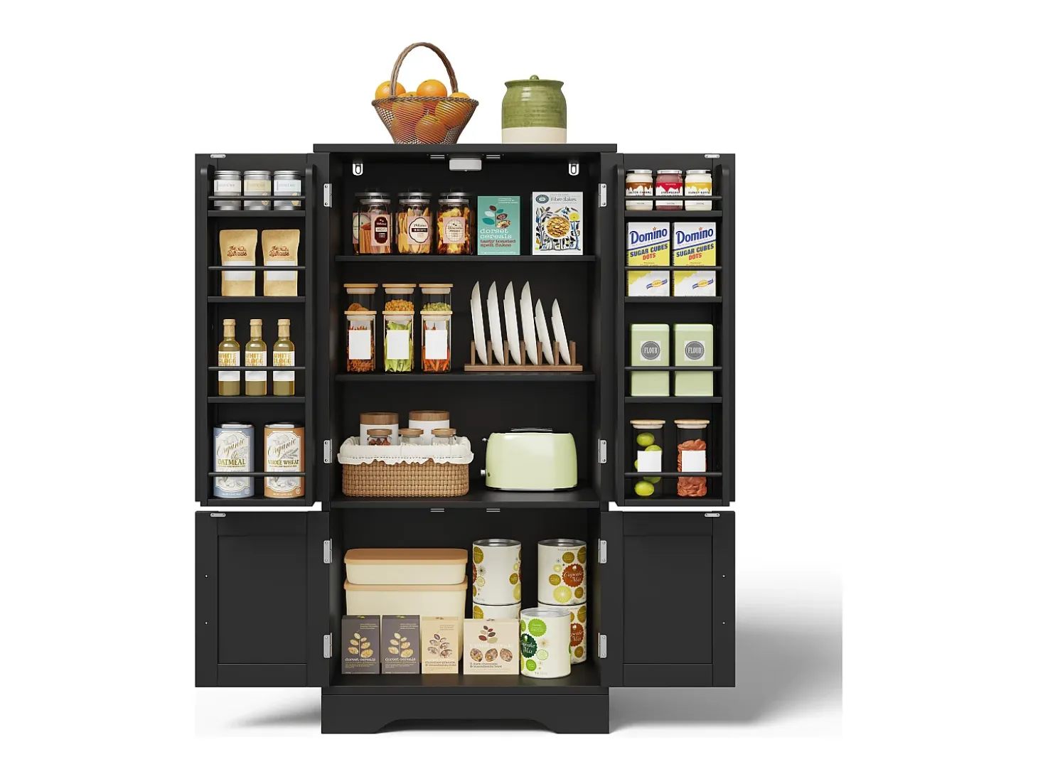 Aparador de cocina con 4 puertas y sensor LED - estantes ajustables - madera MDF - Negro