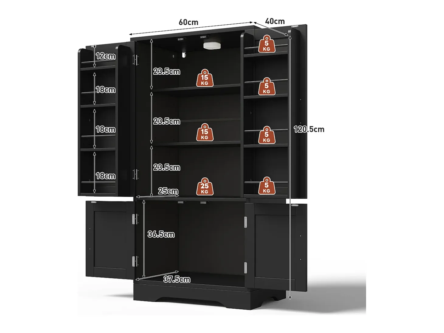 Aparador de cocina con 4 puertas y sensor LED - estantes ajustables - madera MDF - Negro