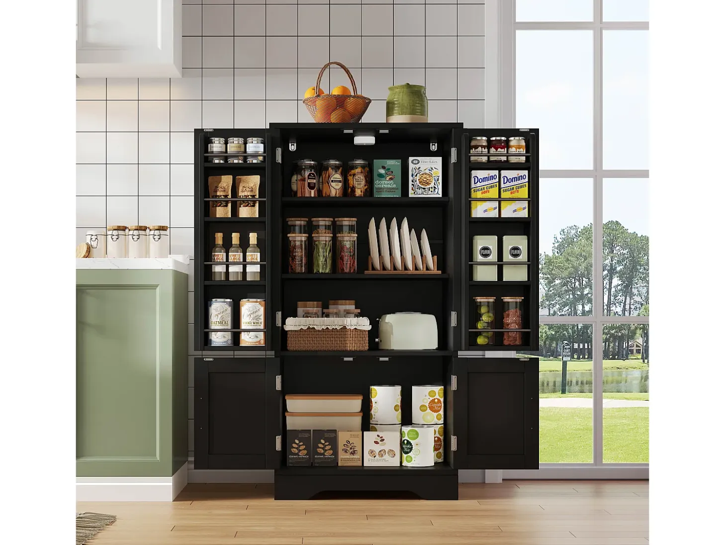 Aparador de cocina con 4 puertas y sensor LED - estantes ajustables - madera MDF - Negro