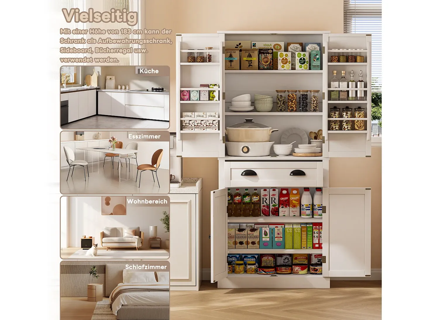 Aparador de cocina con 4 puertas y 1 cajón - 80 x 40 x 182 cm - estantes regulables - Madera MDF - Blanco