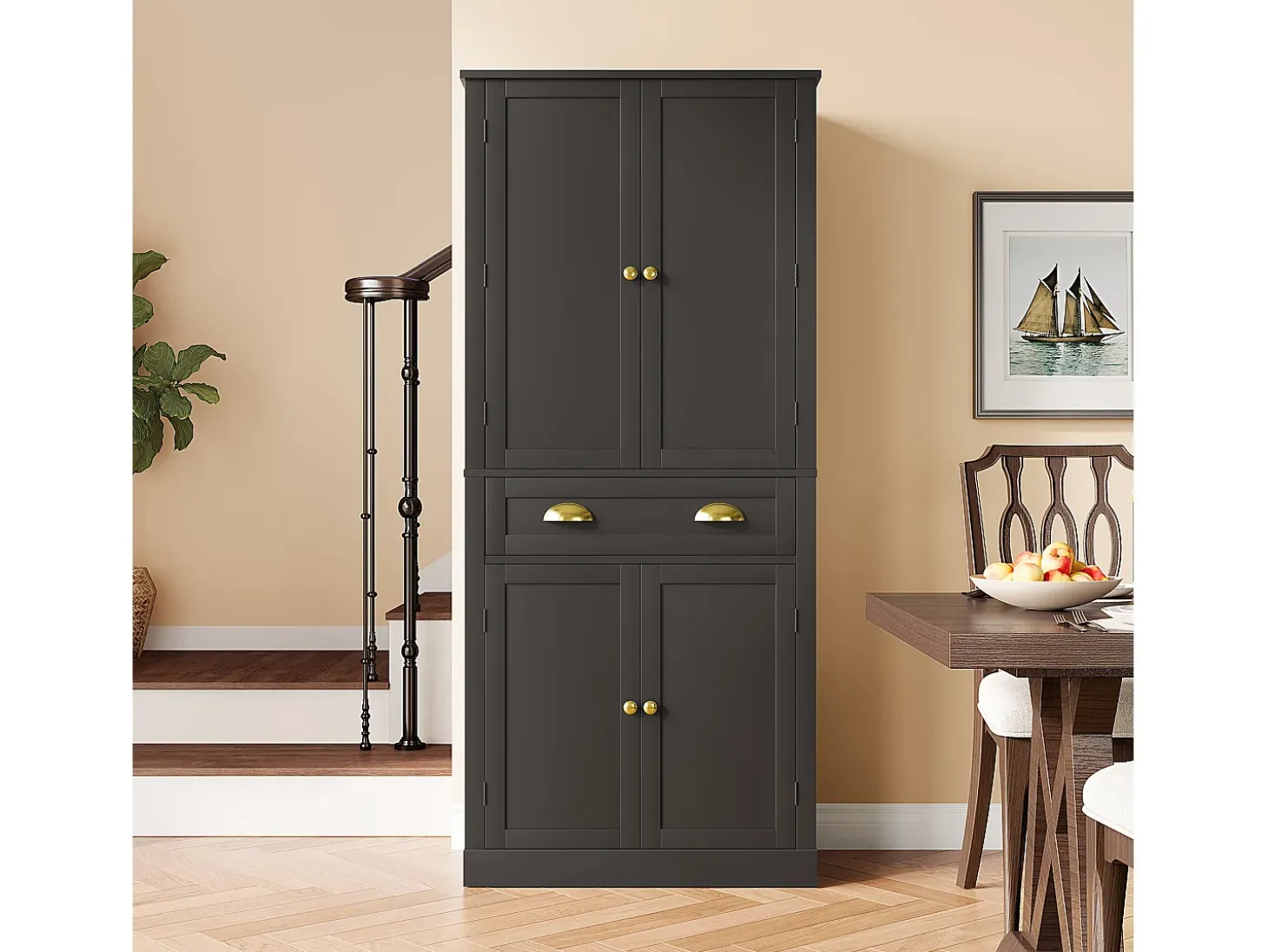 Aparador de cocina con 4 puertas y cajón - Estantes regulables - Negro