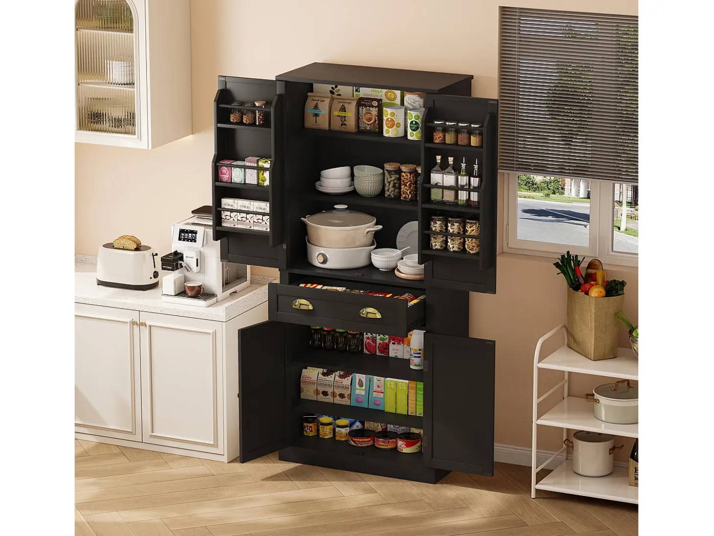 Aparador de cocina con 4 puertas y cajón - Estantes regulables - Negro
