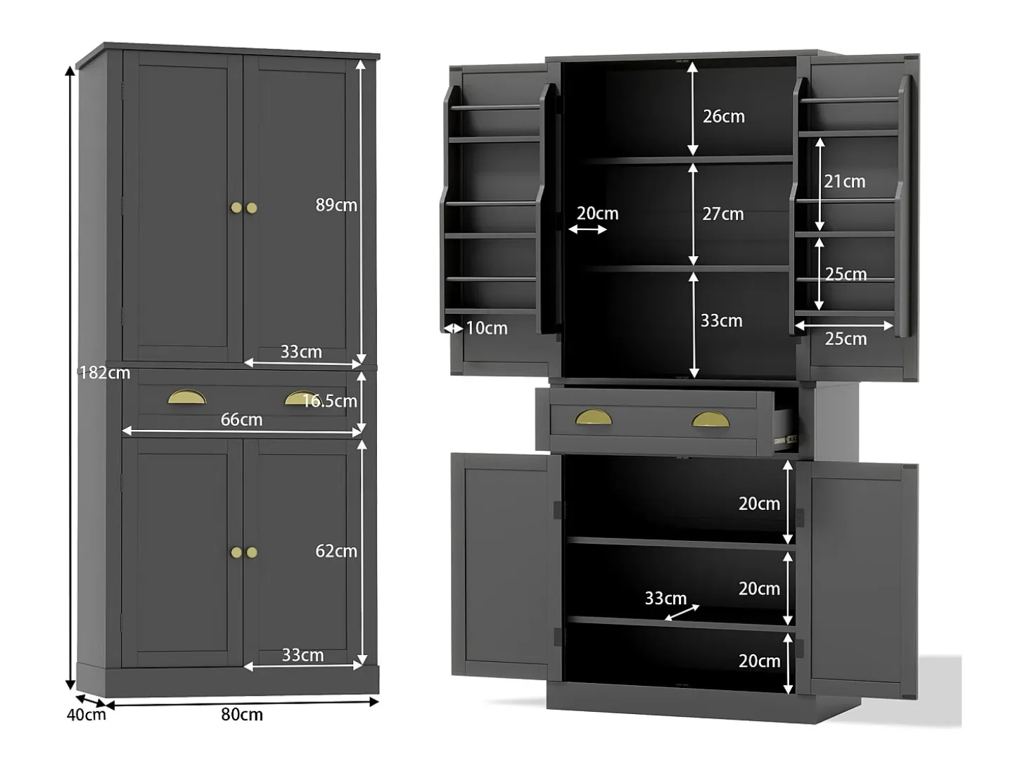 Aparador de cocina con 4 puertas y cajón - Estantes regulables - Negro