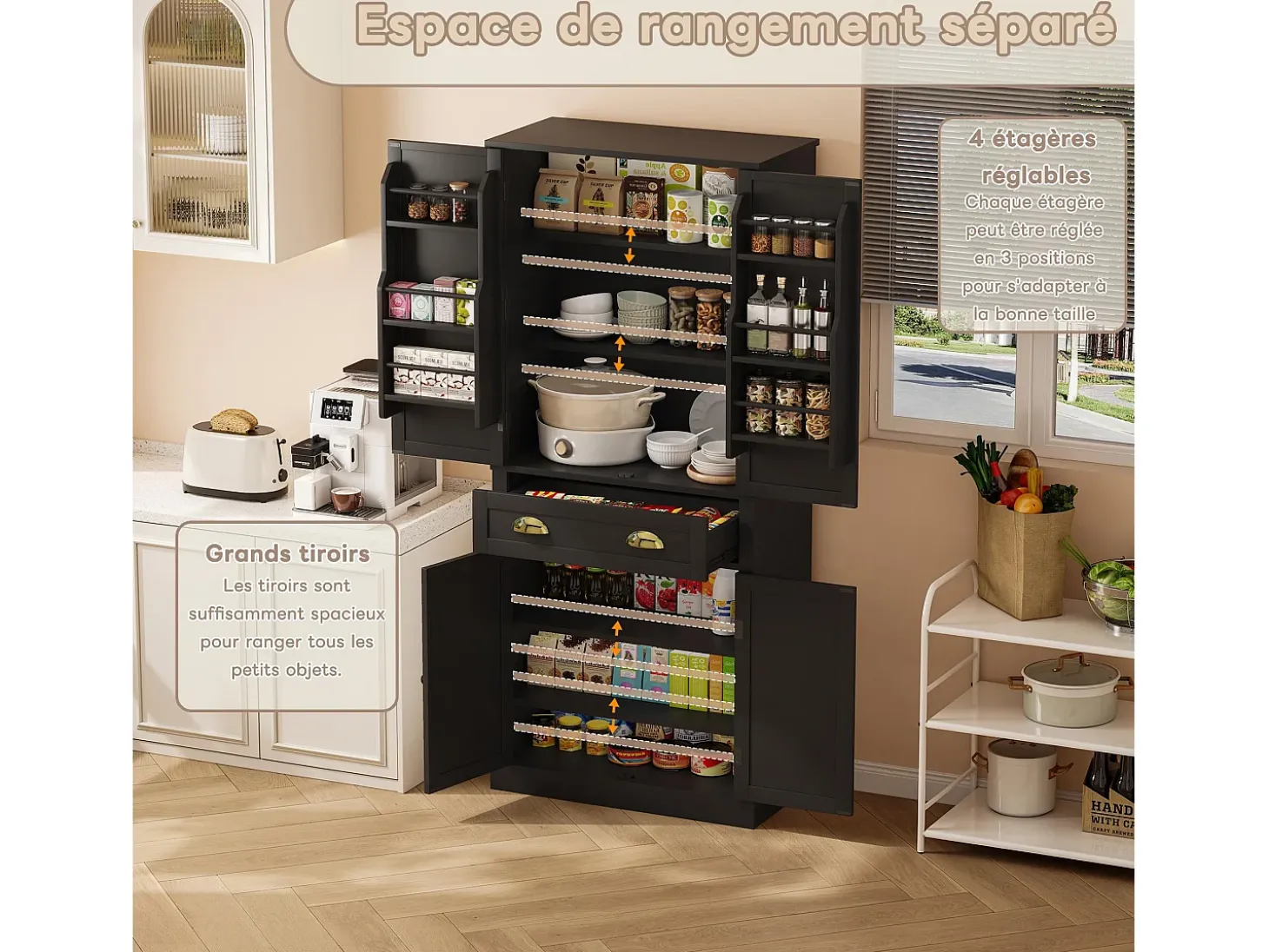 Aparador de cocina con 4 puertas y cajón - Estantes regulables - Negro