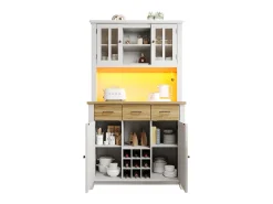 Aparador de cocina con iluminación LED, 3 cajones y 4 puertas - estantes regulables - Blanco y madera