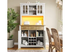 Aparador de cocina con iluminación LED, 3 cajones y 4 puertas - estantes regulables - Blanco y madera