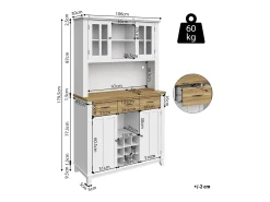 Aparador de cocina con iluminación LED, 3 cajones y 4 puertas - estantes regulables - Blanco y madera