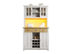 Aparador de cocina con iluminación LED, 3 cajones y 4 puertas - estantes regulables - Blanco y madera
