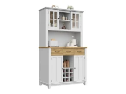 Aparador de cocina con iluminación LED, 3 cajones y 4 puertas - estantes regulables - Blanco y madera