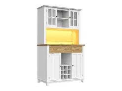 Aparador de cocina con iluminación LED, 3 cajones y 4 puertas - estantes regulables - Blanco y madera