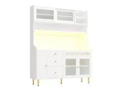 Aparador de cocina con iluminación LED, 4 puertas, 3 cajones y botellero - Blanco