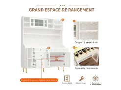 Aparador de cocina con iluminación LED, 4 puertas, 3 cajones y botellero - Blanco