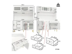 Aparador de cocina con iluminación LED, 4 puertas, 3 cajones y botellero - Blanco