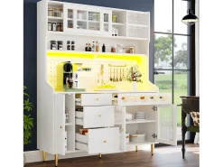 Aparador de cocina con iluminación LED, 4 puertas, 3 cajones y botellero - Blanco