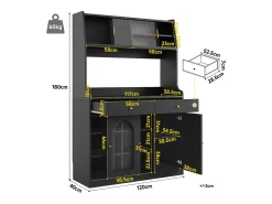Aparador de cocina con iluminación LED, 4 puertas correderas de cristal, 1 puerta y 2 cajones - Negro