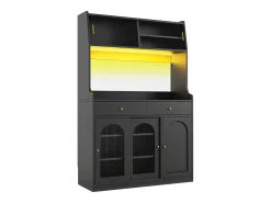 Aparador de cocina con iluminación LED, 4 puertas correderas de cristal, 1 puerta y 2 cajones - Negro