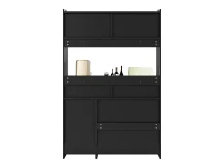 Aparador de cocina con iluminación LED, 4 puertas correderas de cristal, 1 puerta y 2 cajones - Negro