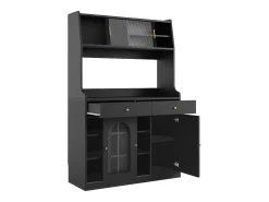 Aparador de cocina con iluminación LED, 4 puertas correderas de cristal, 1 puerta y 2 cajones - Negro