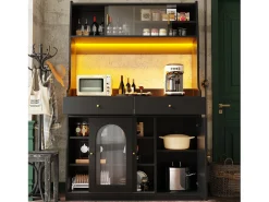 Aparador de cocina con iluminación LED, 4 puertas correderas de cristal, 1 puerta y 2 cajones - Negro